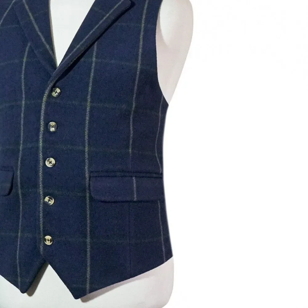 Mens 46R Wool Vest Navy Blue Windowpane Check Waistcoat Preppy Formal Casual